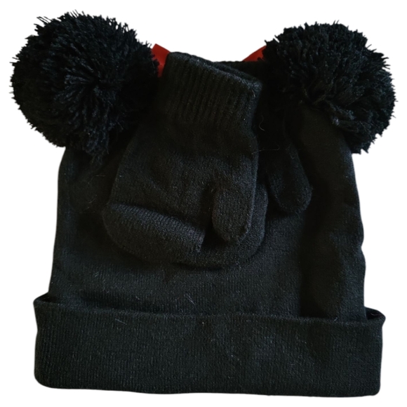 NWT DISNEY Kid's Toddler Minnie Mouse KNIT POM POM Beanie Glove SET BLACK/RED - Picture 4 of 5